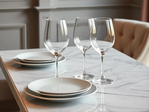 고급스러운 세라믹 식탁 상판에 놓인 와인잔과 접시, 옆에 배치된 편안한 의자의 클로즈업 샷, 식탁재질의 디테일과 의자디자인의 섬세함이 돋보이는 장면