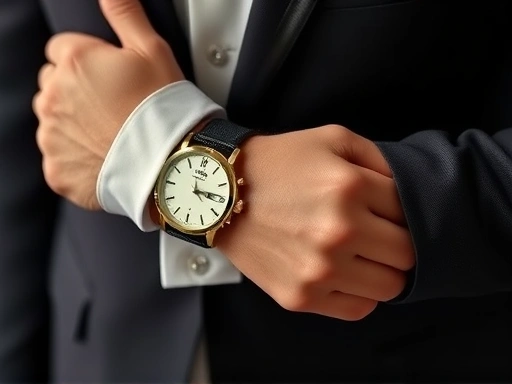 결혼식 예복을 입은 신랑의 손목에 있는 고급스러운 드레스 워치와 셔츠 소매에 빛나는 클래식한 커프스버튼이 조화롭게 어우러져 신랑의 품격을 강조하는 장면