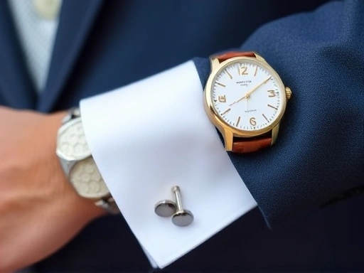 신랑의 셔츠 소매에 착용된 커프스버튼과 손목 시계가 클로즈업된 이미지