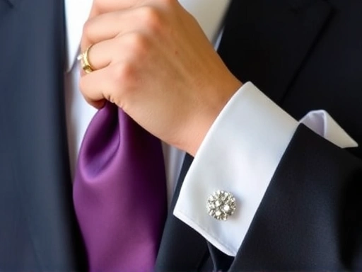 정교하게 매듭지어진 신랑의 실크 넥타이와 반짝이는 커프스링크, 손목 시계, 깔끔하게 다려진 흰색 셔츠 소매가 보이는 클로즈업 사진