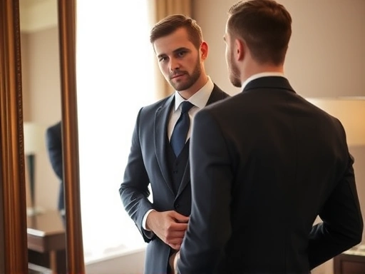 결혼식 전 신랑이 완벽하게 재단된 정장을 입고 거울 앞에서 전체적인 핏을 확인하는 모습