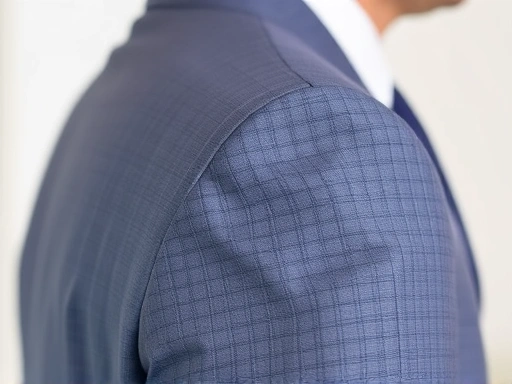 신랑 정장 재킷 어깨선이 어깨 끝과 정확히 일치하고 소매에서 셔츠가 살짝 보이는 클로즈업.