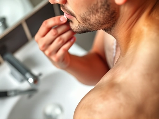 면도 크림과 면도기가 놓여 있는 세면대 옆, 깨끗하고 건강해 보이는 남성 피부에 로션이 발라지는 클로즈업 장면