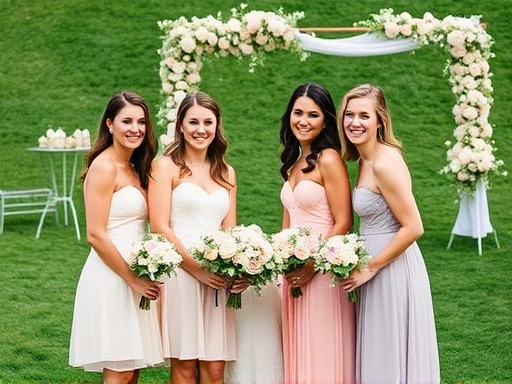 아름다운 신부 들러리들이 웨딩 테마에 맞춰 파스텔 톤의 드레스를 입고 활짝 웃고 있는 모습