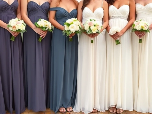 다양한 스타일의 신부 들러리 드레스들이 한데 모여있고, 각 드레스에 어울리는 부케, 액세서리(귀걸이, 목걸이)와 힐이 섬세하게 코디되어 있는 클로즈업 사진.