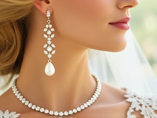 우아한 신부의 얼굴에 어울리는 고급스러운 진주 드롭 귀걸이와 섬세한 큐빅 목걸이가 조화를 이루는 클로즈업 이미지
