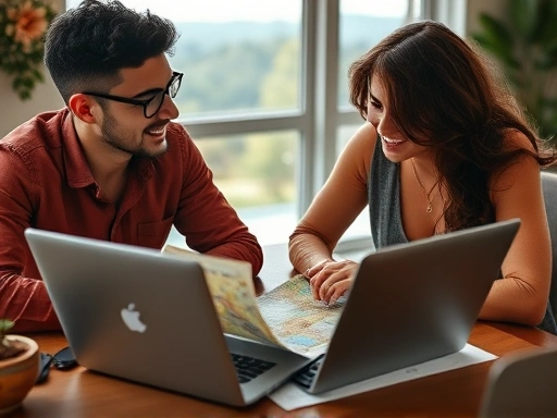 테이블에 앉아 노트북과 지도를 펼쳐놓고 신혼여행 일정을 직접 계획하며 즐거워하는 커플의 클로즈업, 자유여행의 설렘과 세심한 계획의 중요성을 보여주는 장면