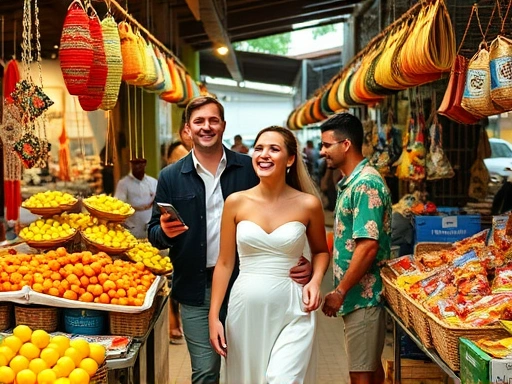 아름다운 신혼여행지에서 행복한 신혼부부가 현지 시장을 거닐며 다양한 색상의 수공예품과 식료품을 둘러보고 있는 모습