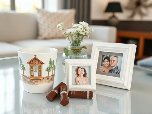 신혼여행에서 구매한 기념품들이 세련된 신혼집 테이블 위에 놓여 있는 클로즈업 사진.