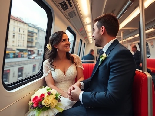 번화한 유럽 도시에서 신혼부부가 현지 지하철을 타고 편안하게 이동하며 창밖 풍경을 즐기는 모습