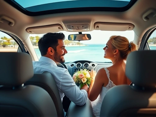 아름다운 해외 휴양지에서 신혼부부가 렌터카를 타고 자유롭게 드라이브하며 낭만적인 순간을 즐기는 모습