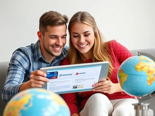 A young couple, looking happy and excited, planning their honeymoon on a tablet with airline logos and credit cards visible, surrounded by travel brochures and a globe, emphasizing strategic mileage a...