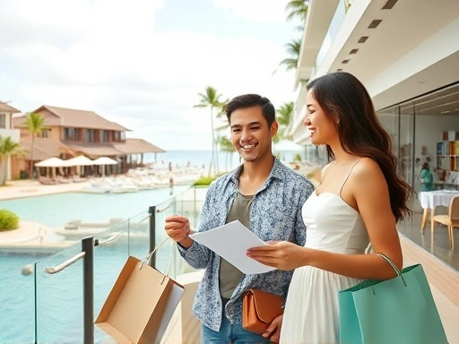 아름다운 해외 휴양지에서 즐겁게 쇼핑하는 신혼부부의 모습