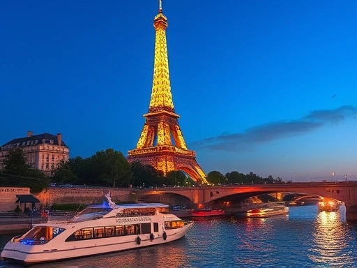 고풍스러운 유럽 도시, 프랑스 파리의 에펠탑과 센 강 유람선을 클로즈업한 장면