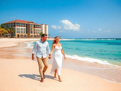 따뜻한 해변에서 손을 잡고 행복하게 걷는 신혼부부, 배경으로는 아름다운 리조트와 푸른 바다가 펼쳐져 있으며, 신혼여행 패키지의 편안함이 느껴지는 장면