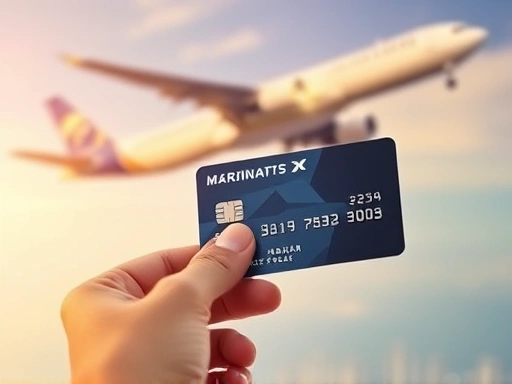 Close-up shot of a hand holding a credit card linked to an airline, with a blurred airplane taking off in the background, symbolizing the direct connection between strategic spending and travel reward...