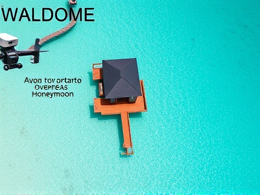 아름다운 에메랄드빛 바다와 새하얀 백사장이 펼쳐진 몰디브의 럭셔리 수상 방갈로가 보이는 드론 샷으로, 신혼여행의 프라이빗하고 로맨틱한 분위기