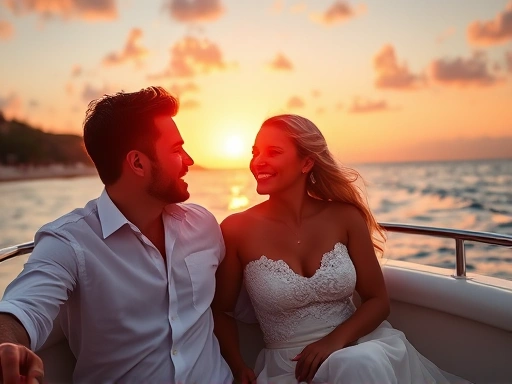 아름다운 해변을 배경으로 선셋 크루즈를 즐기는 신혼부부의 행복한 모습
