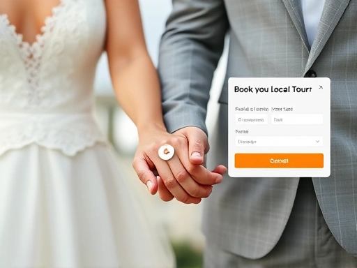 두 손을 잡고 온라인 투어 예약 플랫폼을 함께 살펴보는 신혼부부의 클로즈업, 안전하고 쉬운 현지 투어 예약 과정을 보여주는 구체적인 장면