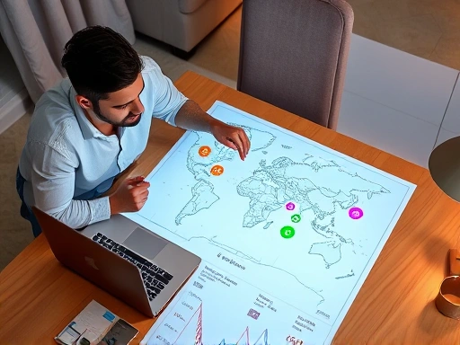 두 사람이 노트북 앞에 앉아 복잡한 환율 그래프를 보며 신혼여행 환전을 계획하는 모습