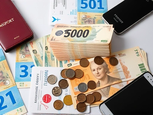 여러 종류의 외화 지폐와 동전, 그리고 트래블월렛 카드가 테이블 위에 깔끔하게 놓여 있는 클로즈업 사진.