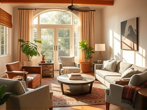 따뜻한 햇살이 드는 아늑한 신혼집 거실, 다양한 스타일의 가구와 포근한 패브릭이 조화롭게 어우러진 공간 인테리어