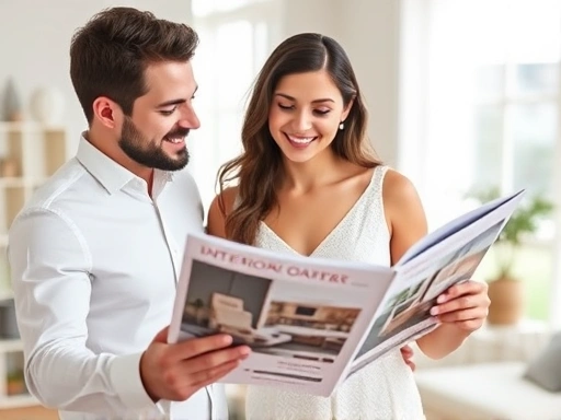 두 손을 맞잡은 신혼부부가 함께 인테리어 잡지를 보며 아이디어를 나누고 있는 모습