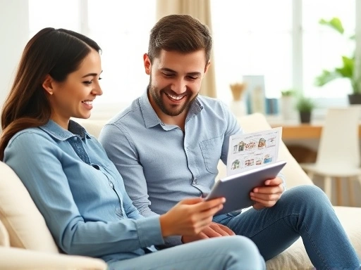 아늑하고 현대적인 거실 배경에서 젊은 신혼부부가 태블릿으로 부동산 웹사이트를 보며 주택 도면과 재정 차트를 함께 확인하고 있는 모습