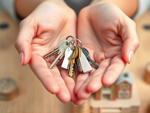 두 손이 부드럽게 집 열쇠 꾸러미를 잡고 있는 클로즈업 사진.