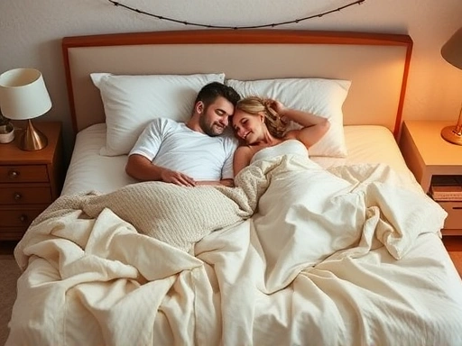 아늑하고 따뜻한 침실에서 신혼부부가 편안하게 잠든 모습