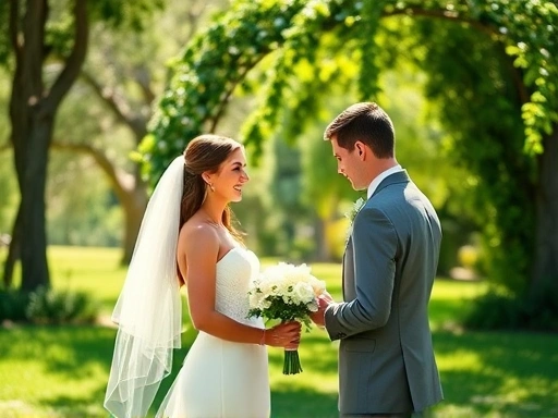 자연 속에서 펼쳐지는 아름다운 야외 웨딩 결혼식 풍경, 햇살 가득한 초록빛 공간에서 행복한 신랑 신부가 서 있는 로맨틱한 장면