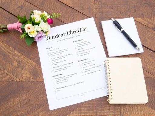 야외 웨딩 준비를 위한 상세 체크리스트가 놓인 원목 테이블 위, 작은 꽃다발과 노트북이 함께 있는 모습