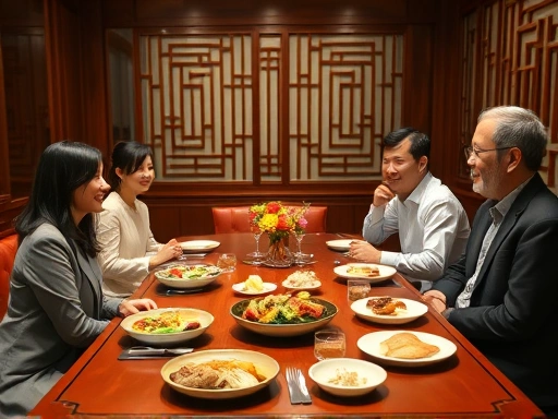 정갈하고 고급스러운 한정식 레스토랑의 프라이빗 룸에서 단정하게 차려입은 두 커플과 양가 부모님이 미소 지으며 대화하는 상견례 장면