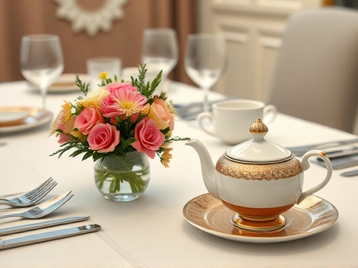 상견례 테이블 세팅 클로즈업, 고급스러운 식기류와 함께 양가 부모님을 위한 작은 꽃다발과 정성스러운 차(Tea) 세트가 놓여 있는 모습