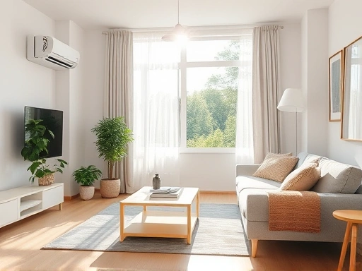 한여름 더위를 식혀줄 에어컨이 설치된 깨끗하고 시원한 거실 풍경, 창문 밖으로 햇살이 비치며 시원한 바람이 불어오는 듯한 에어컨 설치 시기와 용량 계산의 중요성을 강조하는 이미지