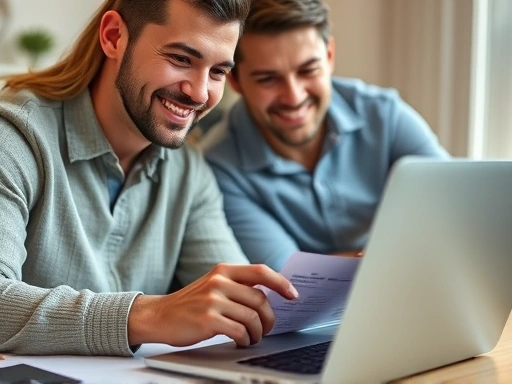 예비 부부가 노트북을 보며 함께 예산을 세우고 있는 모습