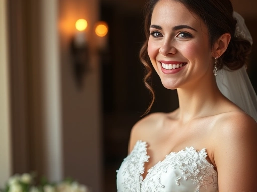 아름다운 웨딩드레스를 입고 활짝 웃는 신부의 행복한 모습