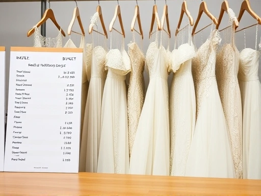 웨딩드레스 행거에 걸린 다양한 스타일의 드레스들과 예산표가 놓인 책상을 클로즈업하여, 웨딩드레스 선택의 다양성과 비용을 동시에 보여주는 이미지