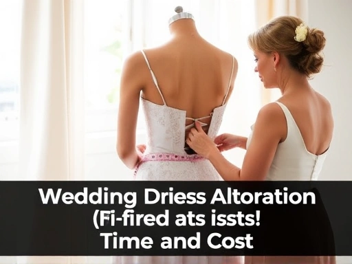 A bride having her wedding dress fitted by a professional seamstress, showing the alteration process, with elegant white fabric and measuring tapes, bright, professional, and hopeful atmosphere, empha...