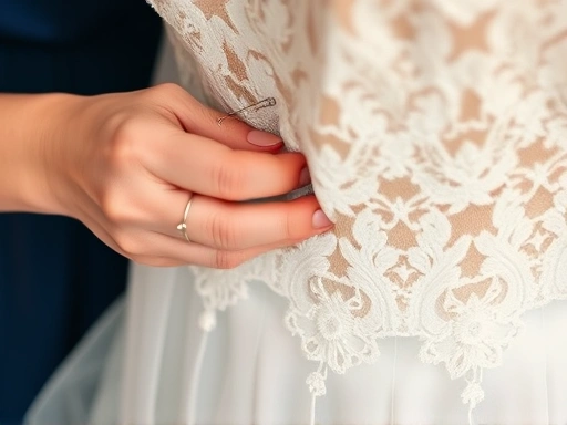 Close-up of a seamstress's hands meticulously working on the intricate details of a wedding dress, with needles, threads, and delicate lace, emphasizing craftsmanship and precision in wedding dress al...