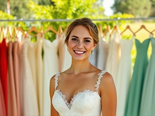 따뜻한 햇살이 비치는 야외 결혼식장에서 신부가 다양한 웨딩드레스 색상 샘플 앞에서 행복한 미소를 짓고 있는 모습