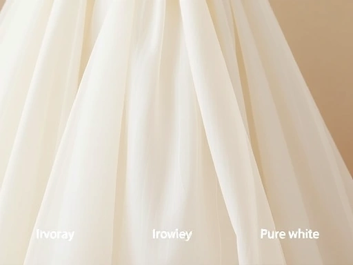 웨딩드레스 원단의 섬세한 질감과 미묘하게 다른 아이보리, 샴페인, 순백색 등의 색상 차이를 클로즈업하여 보여주며, 각 색상의 특징을 시각적으로 강조하는 디테일 컷