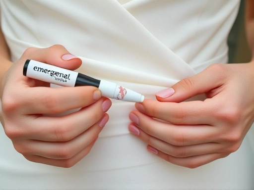 섬세한 웨딩드레스 원단 위에 생긴 작은 얼룩을 휴대용 응급 얼룩 제거 펜으로 조심스럽게 제거하거나, 찢어진 부분을 작은 바늘과 실로 꼼꼼하게 수선하는 손의 클로즈업, 웨딩드레스 응급 상황에 대한 세심한 관리와 정확한 대처를 위한 전문가의 터치.