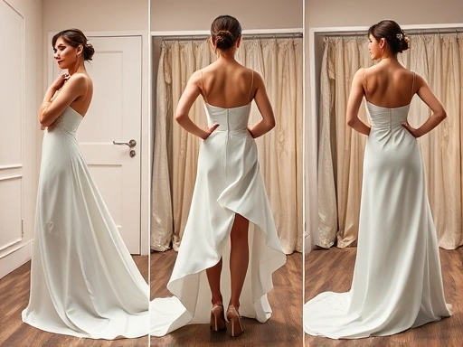 웨딩드레스를 입은 신부가 피팅 룸에서 다양한 포즈를 취하며 드레스의 움직임과 핏을 확인하는 클로즈업 장면
