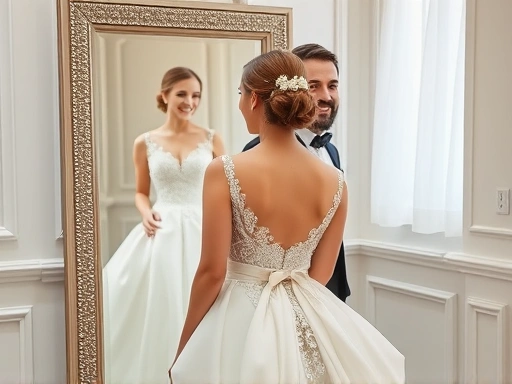 아름다운 웨딩드레스를 입고 거울 앞에 서서 행복하게 웃는 신부의 모습