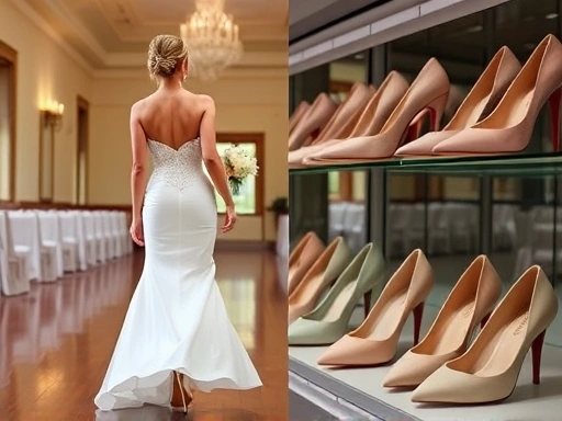 아름다운 웨딩슈즈를 신은 신부가 결혼식장에서 우아하게 걸어가는 모습