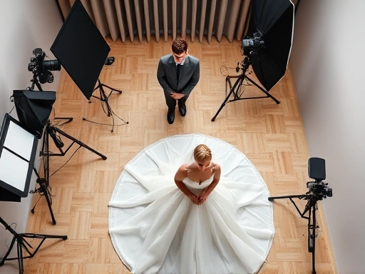 웨딩 드레스를 입은 신부가 앉아있는 배경으로 사진작가와 신랑이 서 있는 웨딩 스튜디오 촬영 현장을 위에서 내려다보는 풍경으로, 카메라와 조명 장비가 보이고 웨딩사진 리터칭 작업이 이루어지는 전문적인 모습