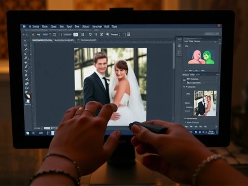 컴퓨터 화면에 웨딩 사진 리터칭 작업 중인 손이 클로즈업된 모습