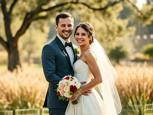 A joyful couple in wedding attire, posing elegantly in a natural outdoor setting, bathed in soft, bright light, with a classic and timeless editing style that enhances their candid expressions and the...