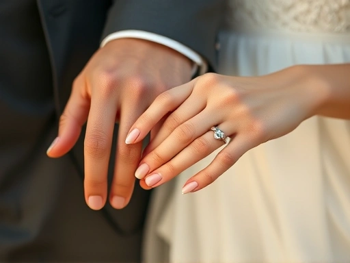 Close-up of a bride and groom's hands, showcasing their wedding rings, with a warm, vintage-inspired editing style that emphasizes texture and soft, desaturated colors, highlighting intimate details o...